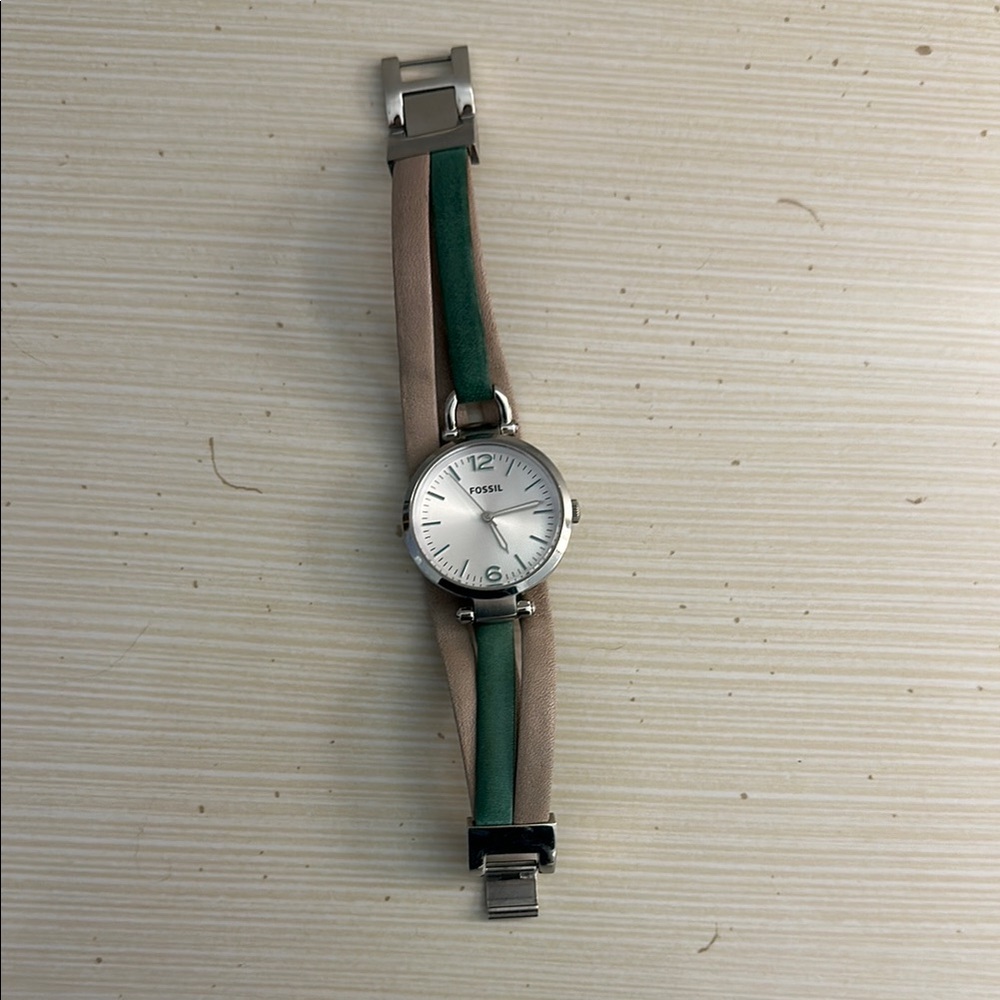 Fossil Silver Dial Watch with Teal and Tan Leather Strap